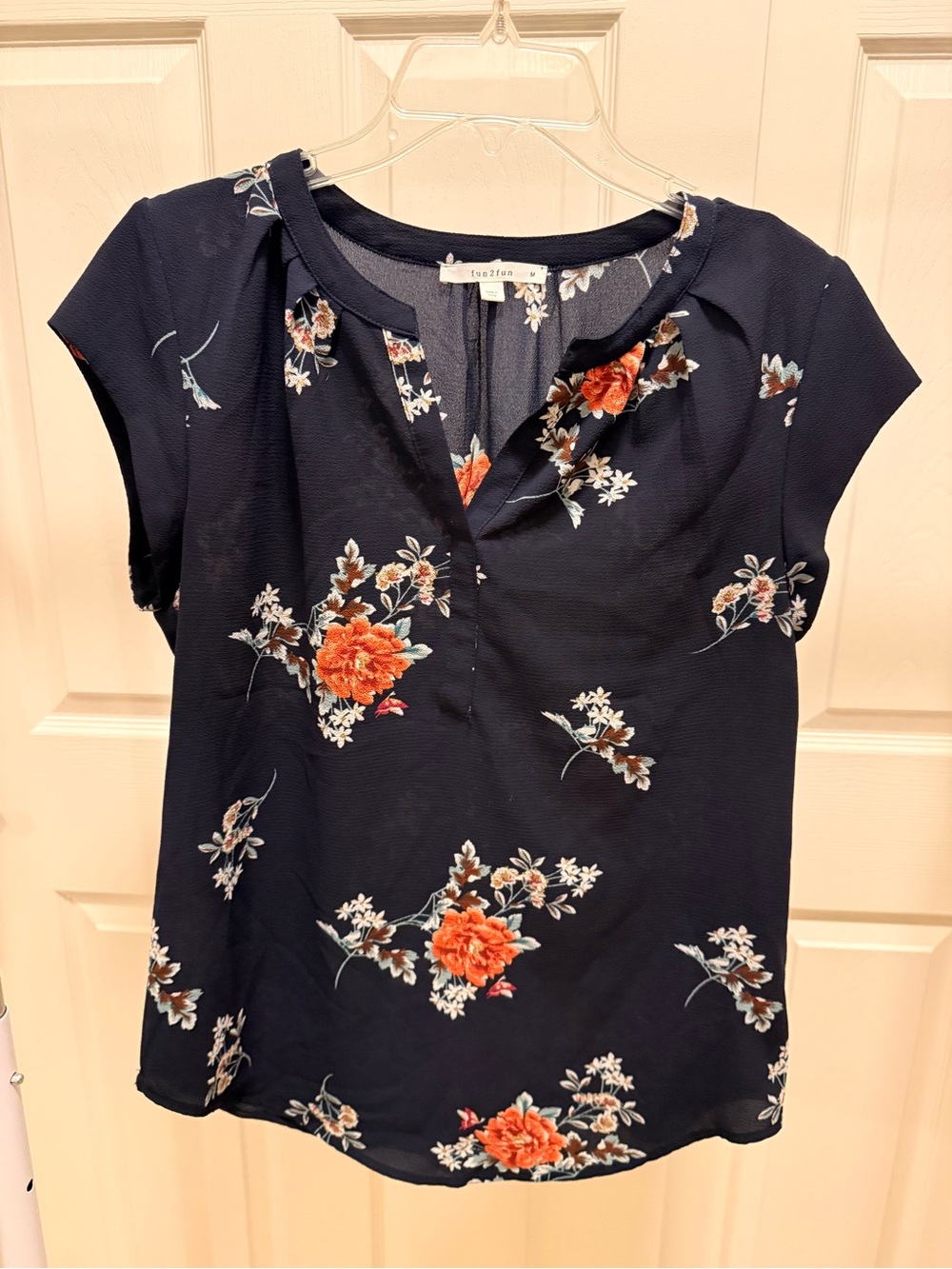 fun 2 fun Navy Floral Notch-Neck Cap Sleeve Blouse